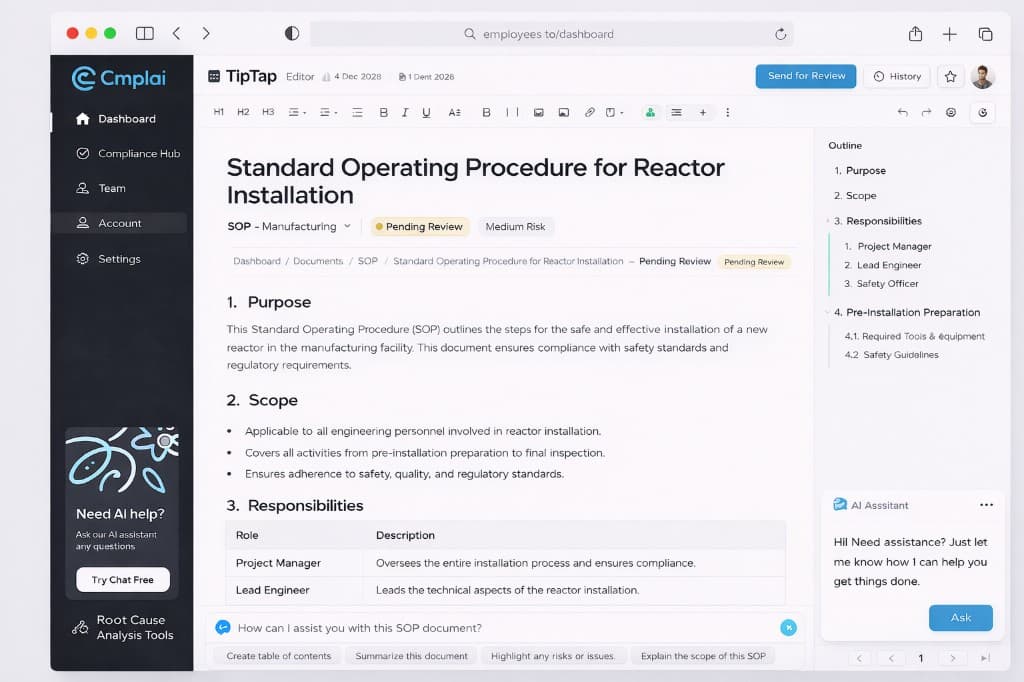 Detailed Cmplai SOP editor with workflow controls, document outline, and AI assistant